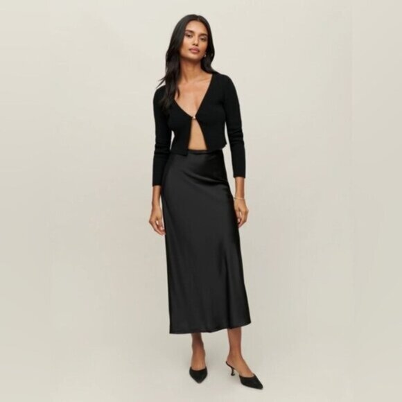 NEW Reformation Layla Silk Midi Skirt Elastic Waist in Black | size 4 - Picture 1 of 11